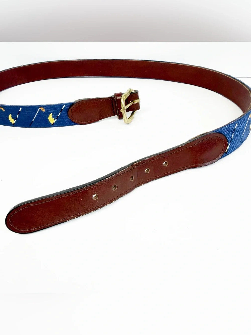 Smathers & Branson Mens Golf Flag Needlepoint Belt Navy Blue Leather Size 42
